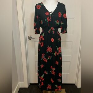 Express Black Maxi Dress w Red Floral Print with cinched waist and sleeve Sz XS